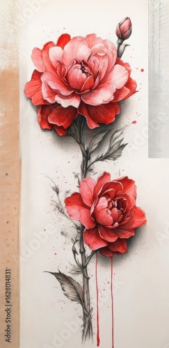Hand drawn watercolor painting of red rose flower on white paper