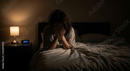 Photo of a woman sitting on her bed in the dark, covering her face with her hands, feeling stressed, anxious, and unable to sleep due to insomnia