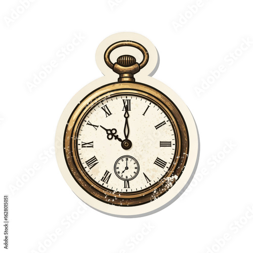 Vintage gold pocket watch illustration, distressed sticker design, Roman numerals, timepiece.