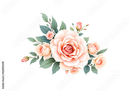 Elegant watercolor arrangement of blush pink roses and green leaves Isolated on transparent background