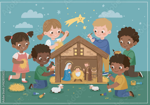 Children Creating a Colorful Nativity Scene.