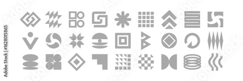 Set of abstract geometric symbols with horizontal line shading. Brutalist style design, optical illusion effect. Modern vector icons for posters, branding, or graphic experiments.