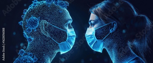 Man and woman in surgical masks looking look at each other on world or Earth planet background. Low poly wireframe digital 3D illustration. Planet and viruses. Pandemic or epidemic concept