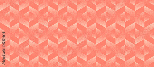 Vector abstract wide panoramic background with geometric halftone coral shades hex pattern. Colourful grainy texture creates modern retro-futuristic style for design, wallpapers and creative branding