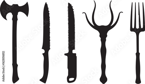 Sharp tools collection axe knife trident fork silhouette