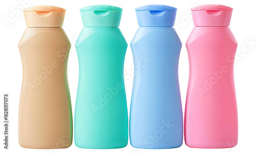 Four colorful plastic bottles with flip-top caps isolated on a transparent background