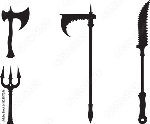 Ancient weapon silhouettes: axe, trident, halberd, saber