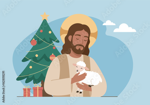 Jesus Christ Holding a Lamb with Halo Christmas Illustration.