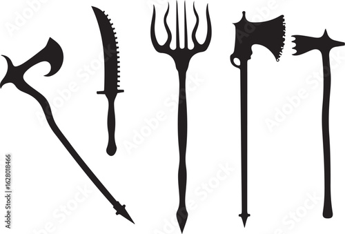 Fantasy weapons silhouettes: axe, knife, trident, mace, hammer