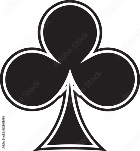 Bold black club symbol with a white outline against a white background representing a card suit