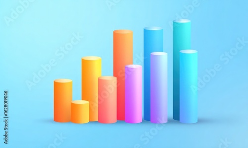 Colorful Cylinders Showing Growth on Blue Background, 3D Rendering