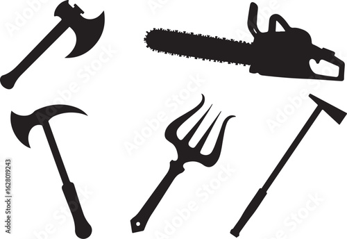 Powerful tools collection: axes, chainsaw, trident, hammer