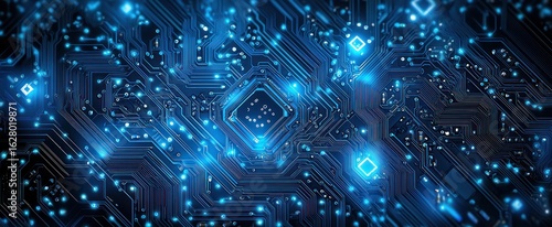 Abstract AI circuit board background. Technology connected blue lines with electronics elements on tech bg. Computer motherboard with a chip, processor, and semiconductor. Digital illustration