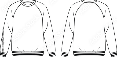 Front and back sweatshirt with raglan sleeves, crew neck, striped ribbed cuffs and hem, technical fashion mockup, casual apparel drawing, garment sketch template.