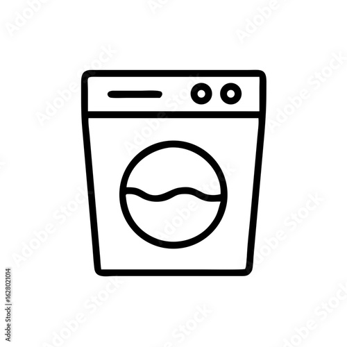 Minimalist washing machine icon, black and white, used for laundry symbols.