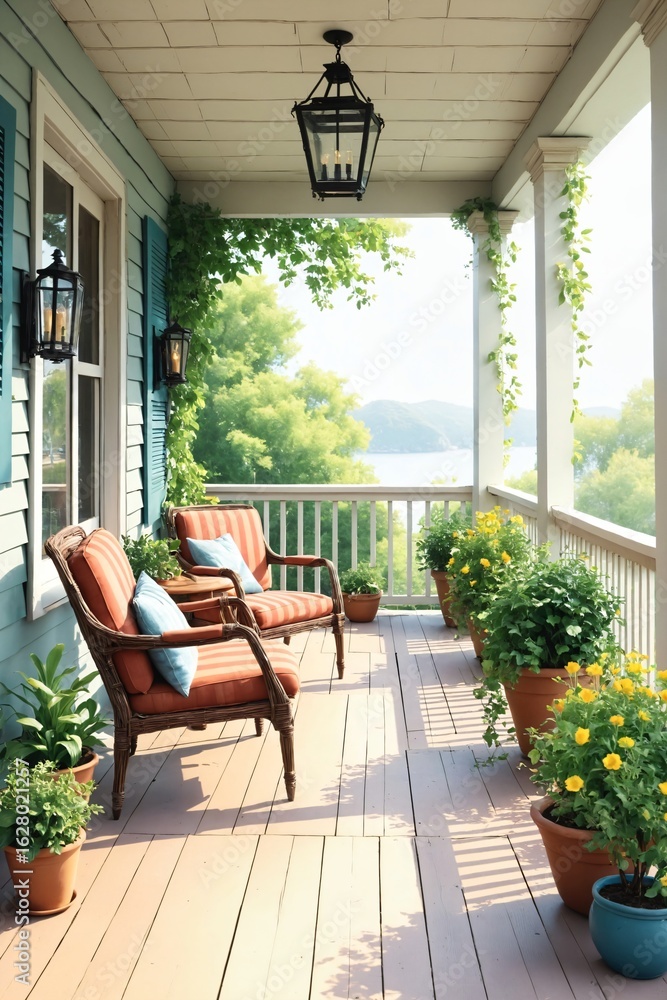 Fototapeta premium Cozy porch with chairs and potted plants in summer