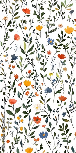 A pattern made of many very tiny wildflowers and leaves on a white background