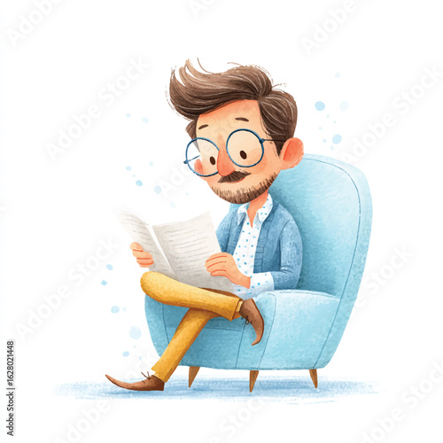 Cartoon man with glasses reading newspaper in a light blue armchair