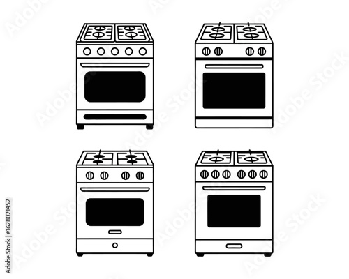 Collection of four kitchen stove outlines showcasing different stovetop and oven designs for modern cooking spaces