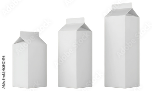 Three blank white carton beverage containers of varying sizes mockup on a transparent background