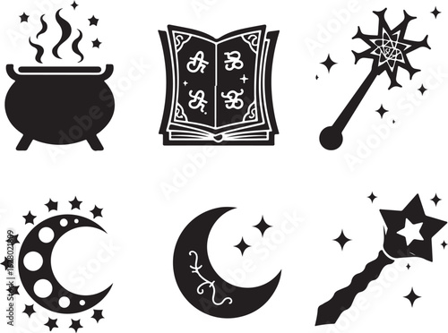 Magical elements cauldron book wand moon stars occult mystic