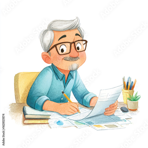 Cartoon man with glasses writing on paper at a desk with books and plant
