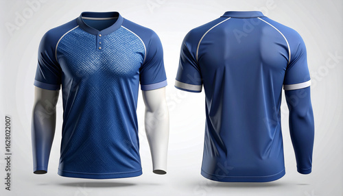 Front and back view of a blue and white athletic shirt with white accents on a clean background.