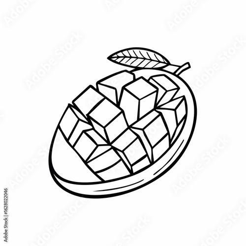 Detailed Line Art Depicting a Sliced Mango Ready to Eat, Isolated on a White Background