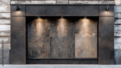 Empty storefront display with stone tiles and spotlights.