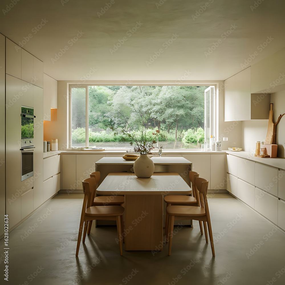 Fototapeta premium A modern and minimalist kitchen design featuring a dining area with a view