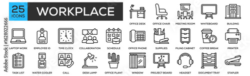 Workplace icon collection set. Containing design Office Desk, Office Chair, Meeting Room, Whiteboard, Office Building