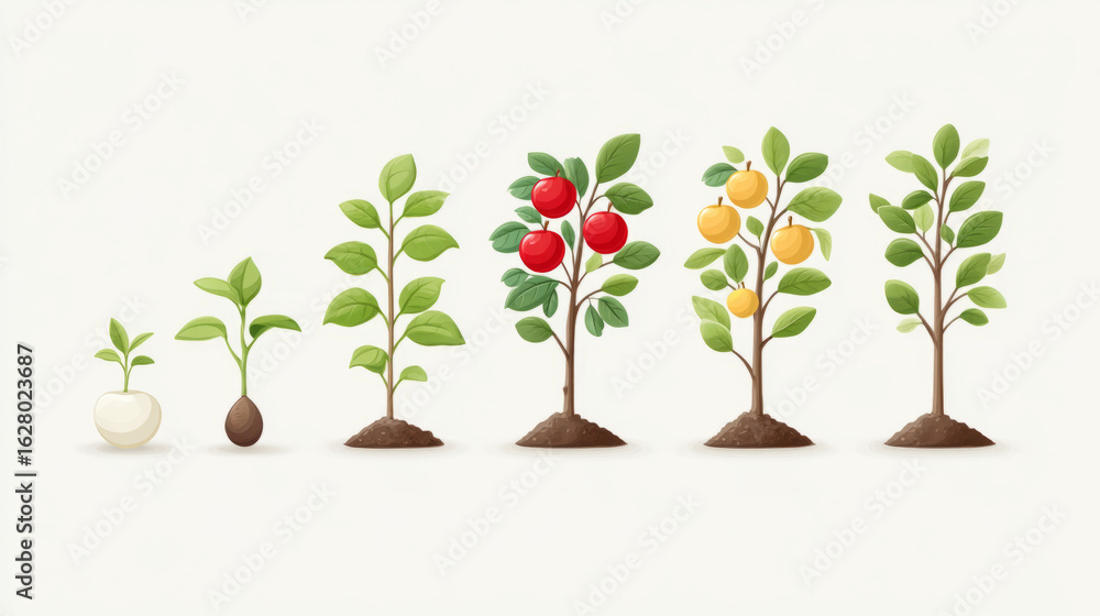 Fototapeta premium Stages of plant growth illustrated with seedlings and mature fruiting trees