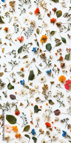 A pattern made of many very tiny wildflowers and leaves on a white background