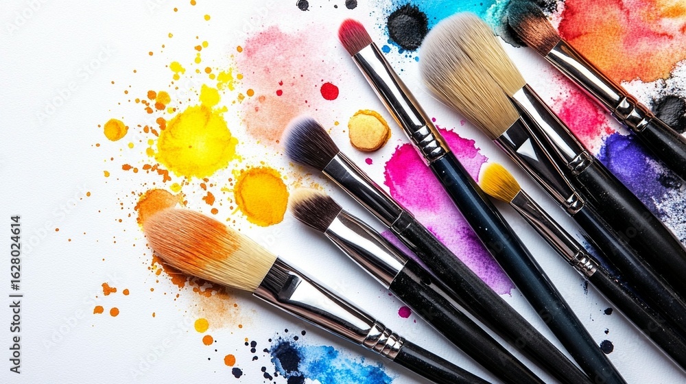 Obraz premium Colorful paintbrushes on a white surface with vibrant splashes of color