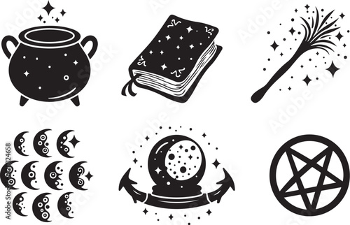 Mystic magic icons cauldron book wand moon crystal pentagram