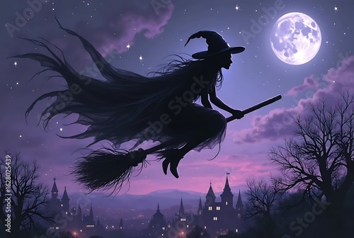 Silhouette of a witch flying on a broomstick across a purple twilight sky