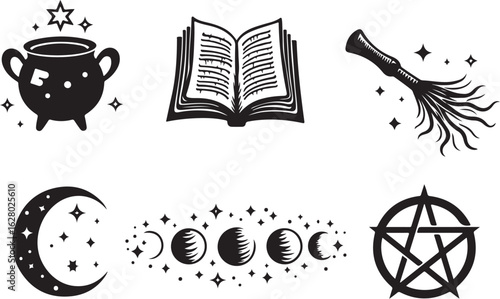 Mystical symbols like cauldron, book, wand, moon, and pentagram
