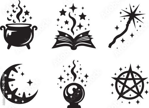 Magical symbols: cauldron, book, wand, moon, crystal ball, pentagram