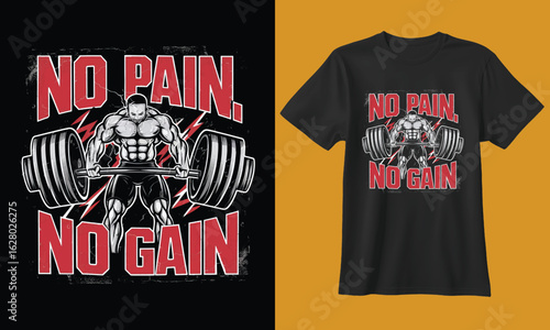 Powerful motivational gym workout design featuring a muscular bodybuilder and the slogan no pain no gain