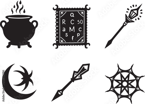 Mystical symbols: cauldron, staff, crescent moon, spellbook, spear