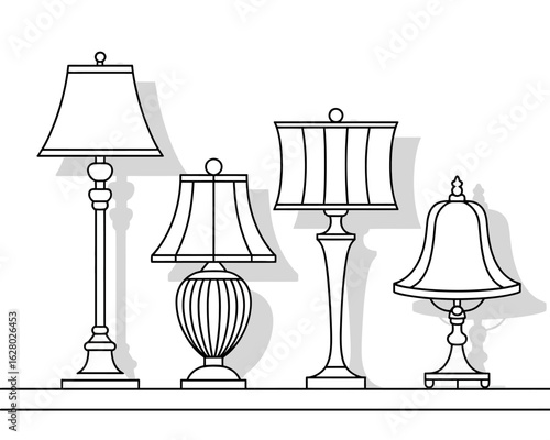 Line art drawing of four table lamps on a shelf illustration of home decor lighting and interior design objects