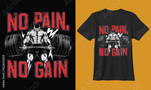 Powerful motivational gym workout design featuring a muscular bodybuilder and the slogan no pain no gain