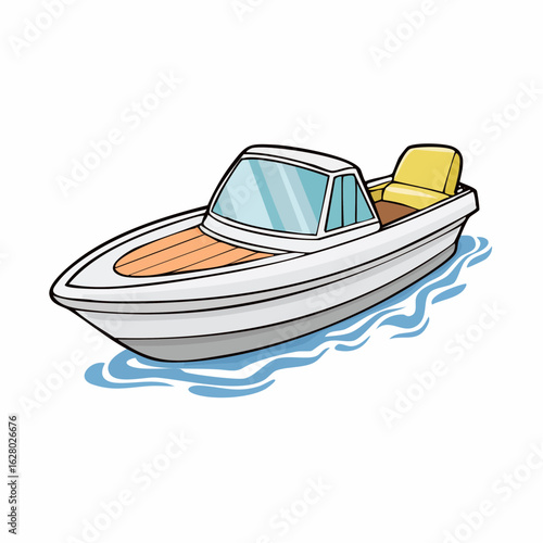 Cartoon Motorboat Illustration: A Nautical Adventure Ready to Set Sail on a Sunny Day