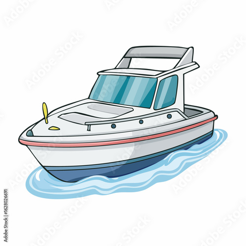 Cartoon illustration depicting a motorboat gliding on water with a sunny day backdrop
