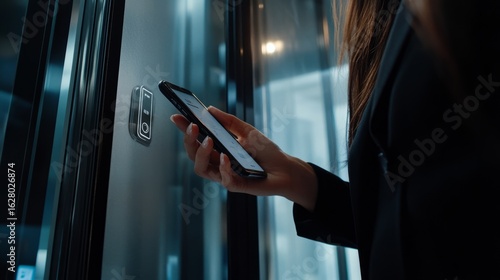 A close-up shot of a woman hand is holding an smartphone, she is trying to enter the building with the code or face or finger ID