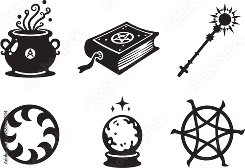 Mystical magic icons: cauldron, spellbook, wand, crystal ball