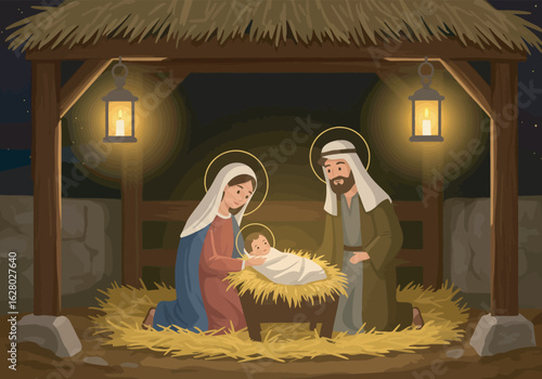 Holy Family Nativity Scene: Mary Joseph and Baby Jesus in a Humble Manger.