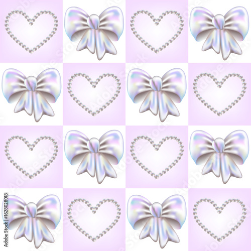 Abstract girly seamless pattern in Y2K style. Three-dimensional Pearl Hearts and Bows on Checkered Pink and White background. 3d holographic retro template. 3D chrome bubble art.