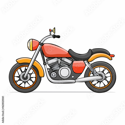 Cartoon Motorcycle Illustration with Detailed Features and Vibrant Color Palette Isolated on White