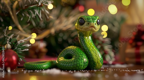 Green little snake is sitting by the Christmas tree, in the style of iconic pop culture caricatures, cute and dreamy